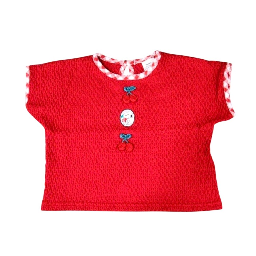 Snoopy Shirt Girls 6 Red Textured Knit Cherries Peanuts Embroidered Top
